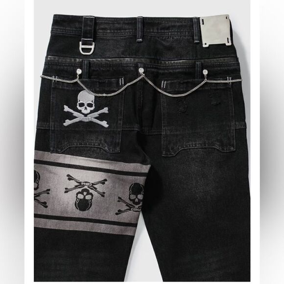 Mastermind Japan x C2H4 jeans double waist skull print chain black NWT S $550 - Picture 5 of 16